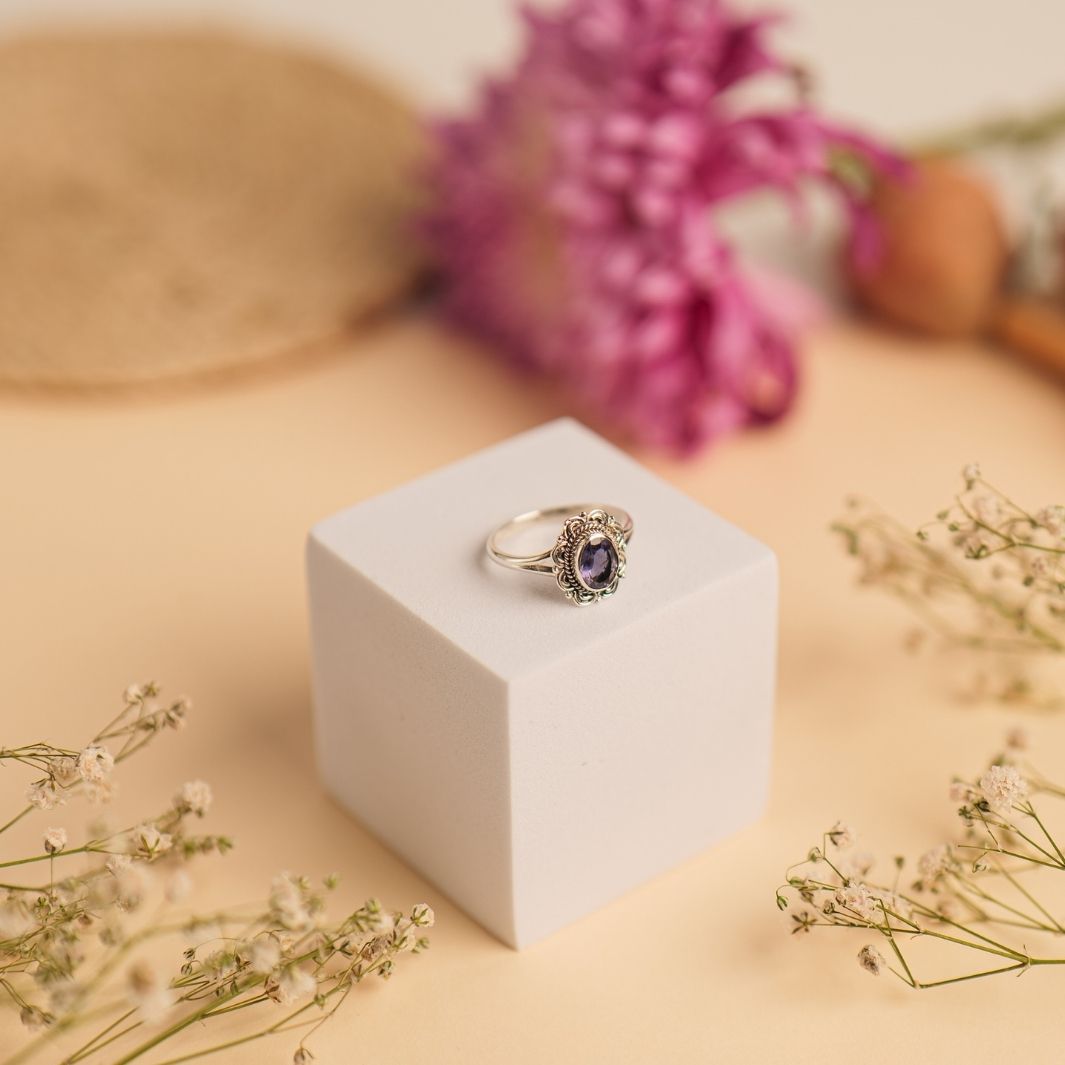 Iolite 925 Silver Flower Cut Ring