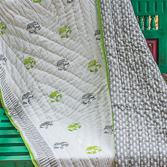 Baby Quilt with Elephant Print - Green-Grey