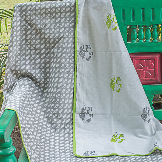 Baby Summer Blanket (Dohar) with Elephant Print - Green-Grey